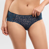blue lace underwear worn by a person on a white background
