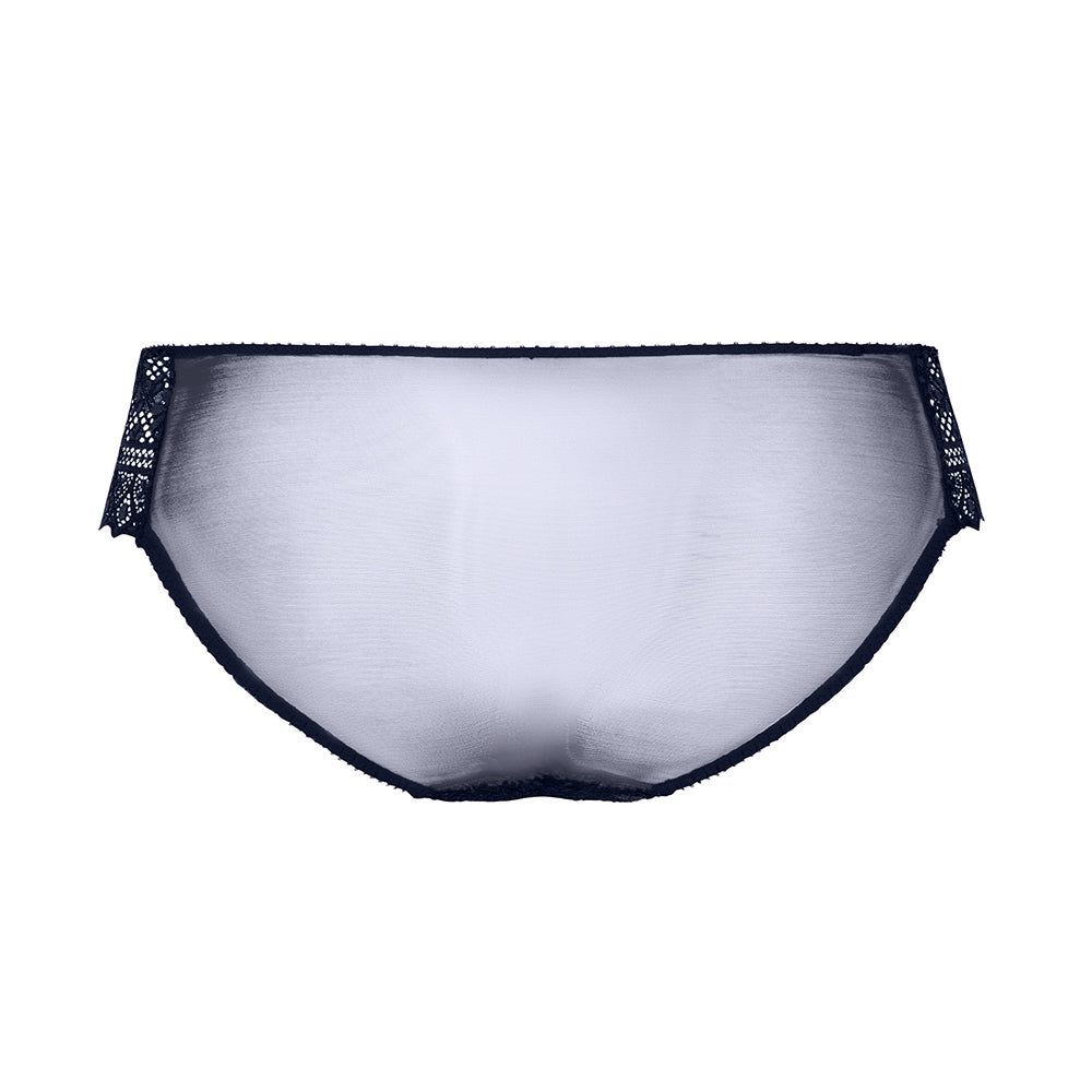 navy women's underwear with decorative trim on a white background