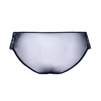 navy women's underwear with decorative trim on a white background