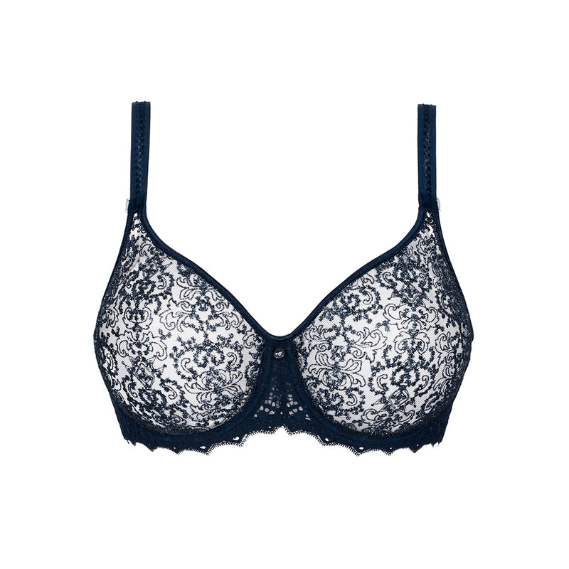 navy blue lace bra on a white background