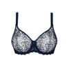 navy blue lace bra on a white background