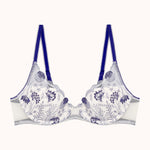 white bra with blue floral patterns and blue straps on a white background