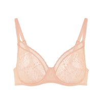 pink bra with lace detailing on a white background