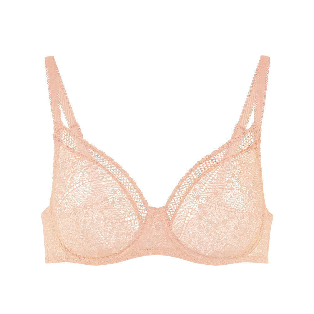 pink bra with lace detailing on a white background