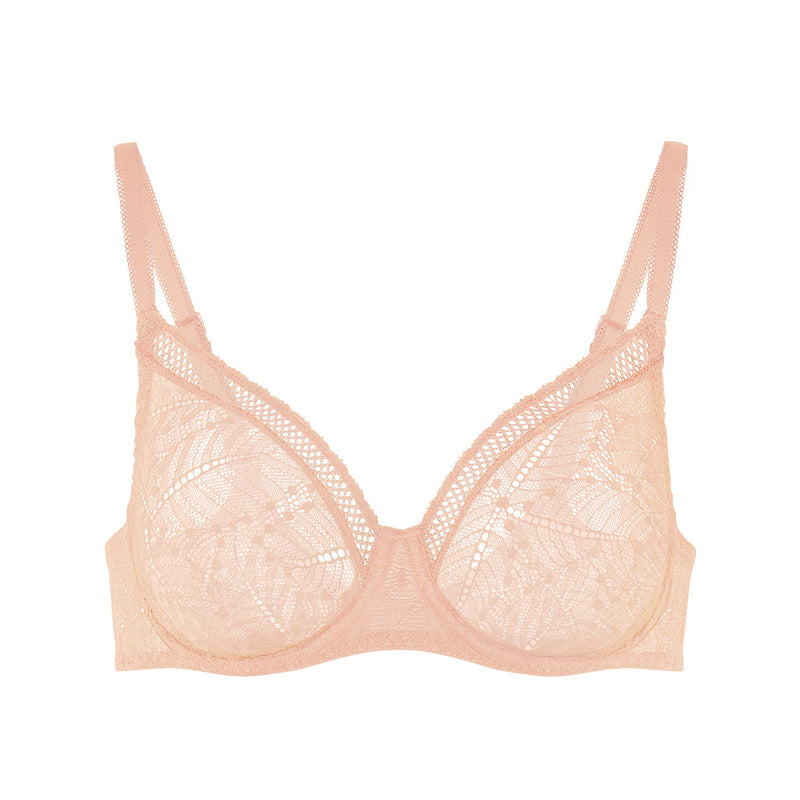 pink bra with lace detailing on a white background