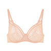 pink bra with lace detailing on a white background