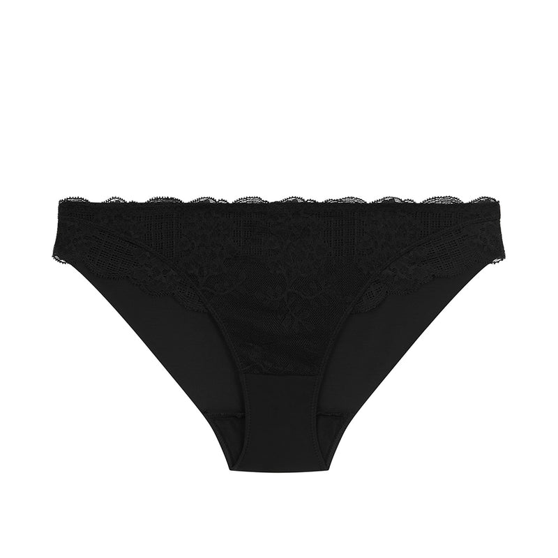 black lace-trimmed underwear on a white background