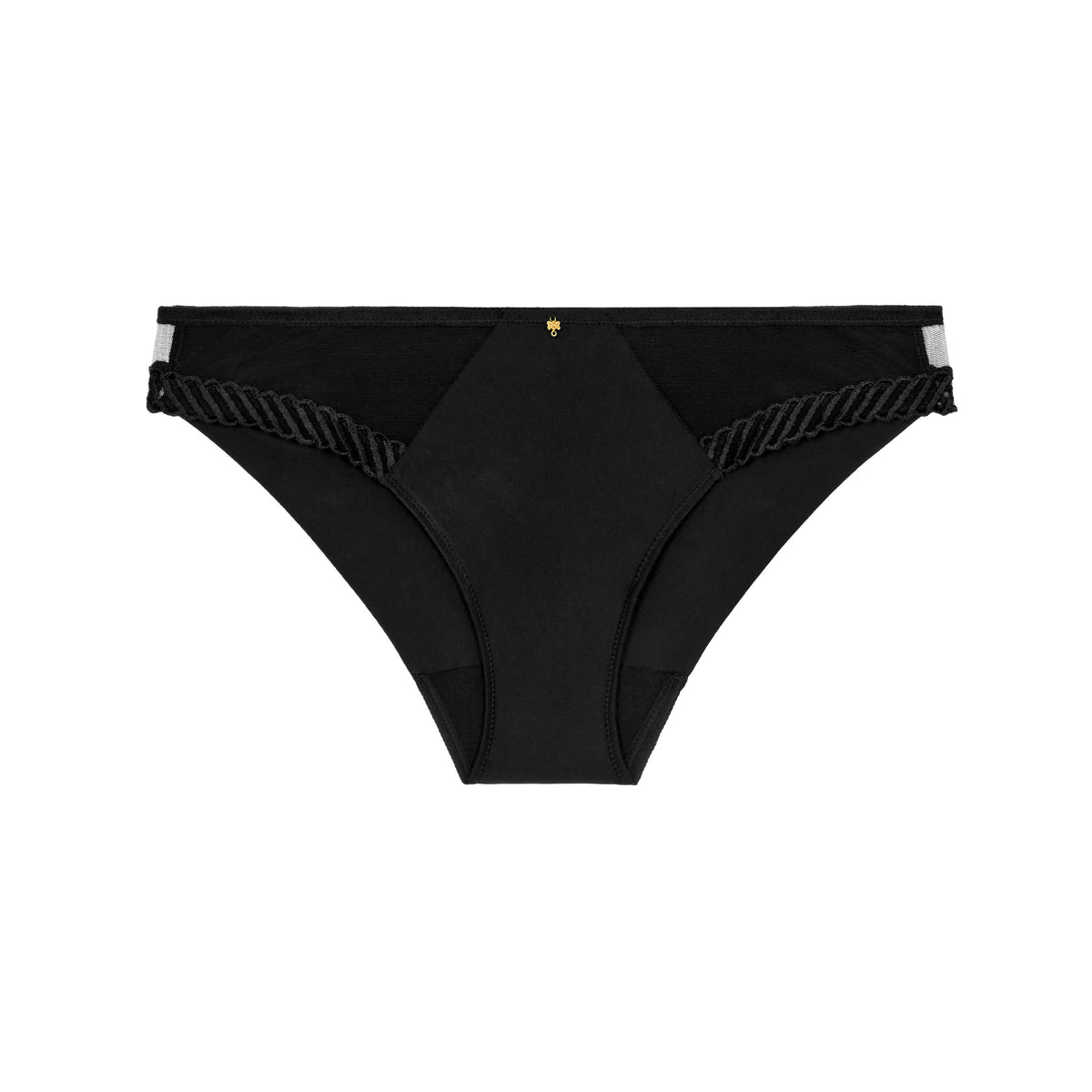 black bikini bottom with ruched sides on a white background