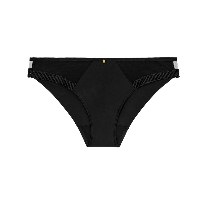 black bikini bottom with ruched sides on a white background