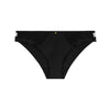 black bikini bottom with ruched sides on a white background