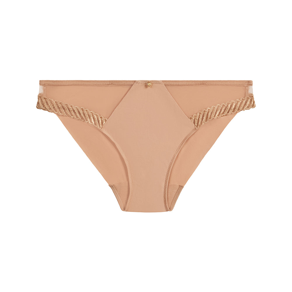 beige bikini bottom with gold trim on a white background