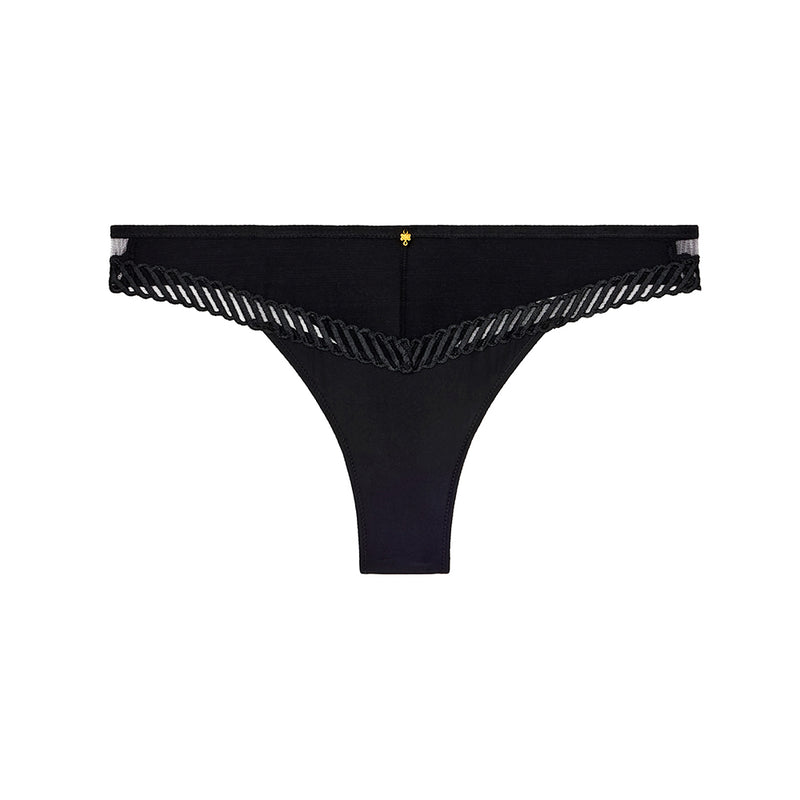 black thong with scalloped edges on a white background