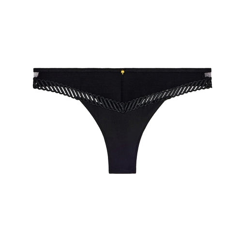 black thong with scalloped edges on a white background