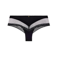 black underwear with white lace trim on a white background