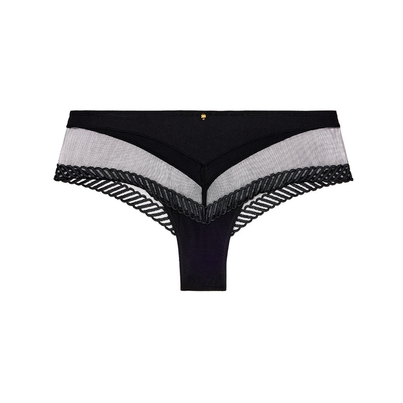 black underwear with white lace trim on a white background