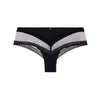 black underwear with white lace trim on a white background