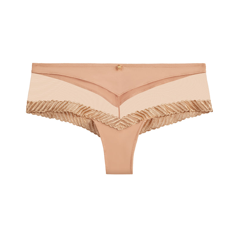 beige shorty with ruffled edges on a white background