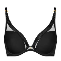 black bra with mesh panels on a white background