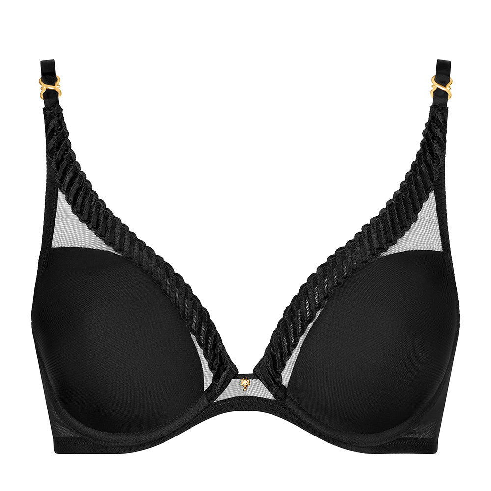 black bra with mesh panels on a white background