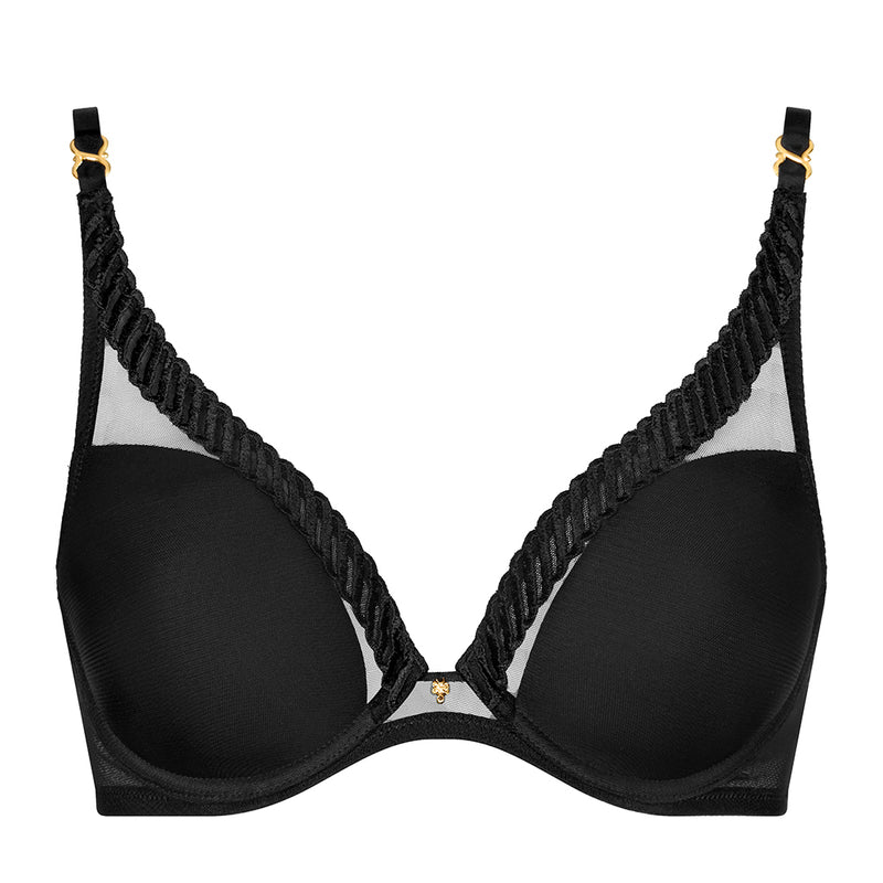 black bra with mesh panels on a white background
