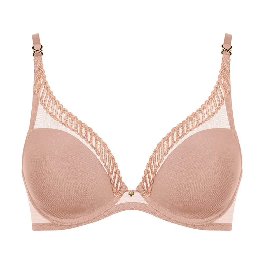 nude bra with lace details on a white background