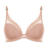 nude bra with lace details on a white background