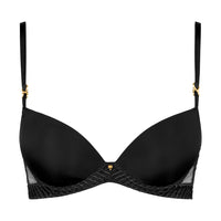 black bra with mesh details on a white background