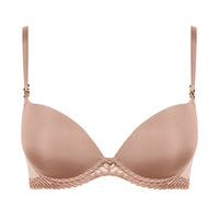 beige bra with lace details on a white background