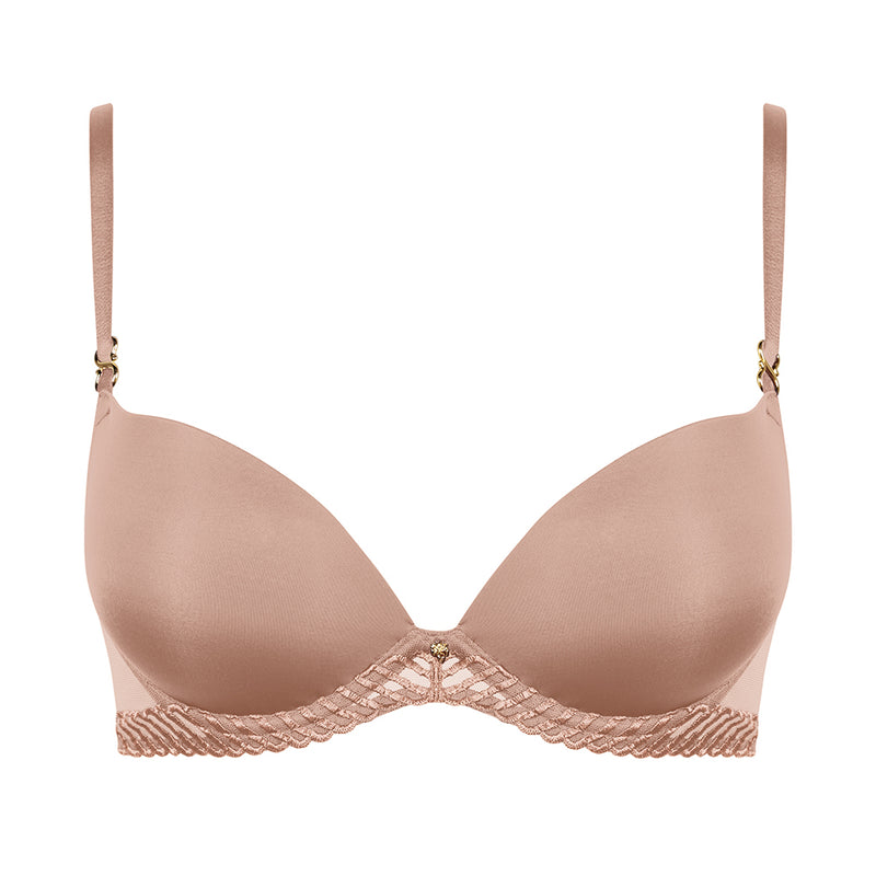 beige bra with lace details on a white background