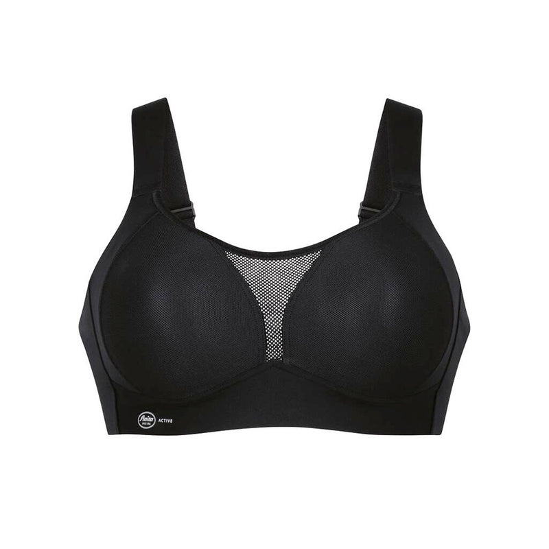 black sports bra with mesh detailing on a white background