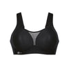 black sports bra with mesh detailing on a white background