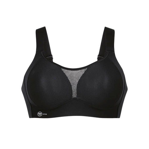 black sports bra with mesh detailing on a white background