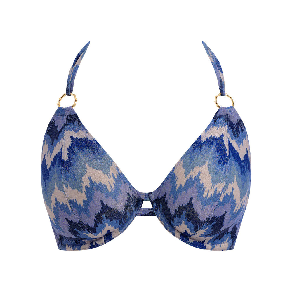blue and white patterned bikini top on a white background