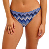 blue and white patterned bikini bottom on a white background