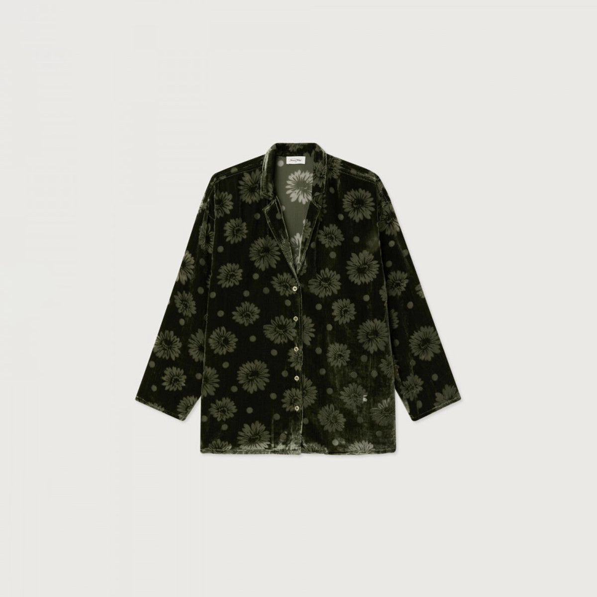 A dark green velvet button-up shirt jacket with an all-over olive green floral pattern, displayed flat against a light gray background.