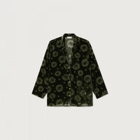 A dark green velvet button-up shirt jacket with an all-over olive green floral pattern, displayed flat against a light gray background.