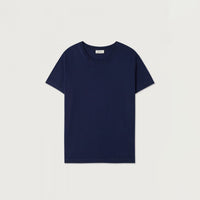 A navy blue short-sleeve crewneck t-shirt laid flat against a light beige background.