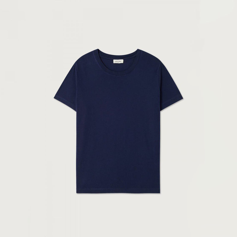 A navy blue short-sleeve crewneck t-shirt laid flat against a light beige background.
