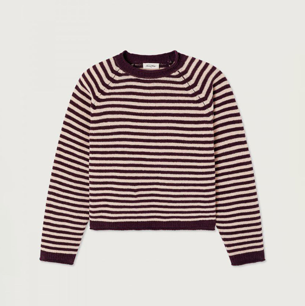 A cropped long-sleeve knit sweater with horizontal stripes in dark plum and cream, displayed flat against a light gray background.