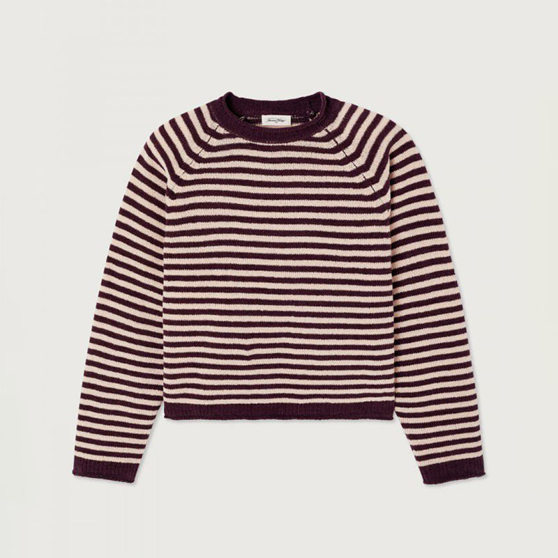 A cropped long-sleeve knit sweater with horizontal stripes in dark plum and cream, displayed flat against a light gray background.