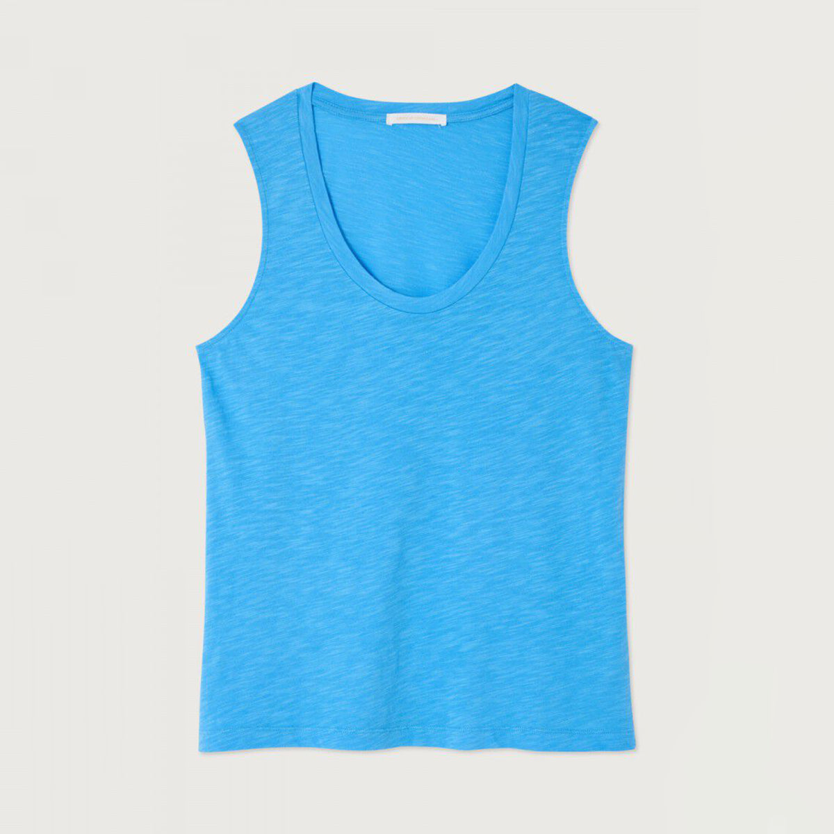 A bright blue heathered sleeveless tank top with a wide scoop neckline, laid flat against a light beige background.
