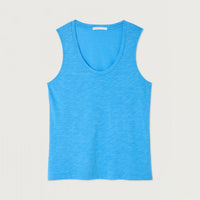 A bright blue heathered sleeveless tank top with a wide scoop neckline, laid flat against a light beige background.