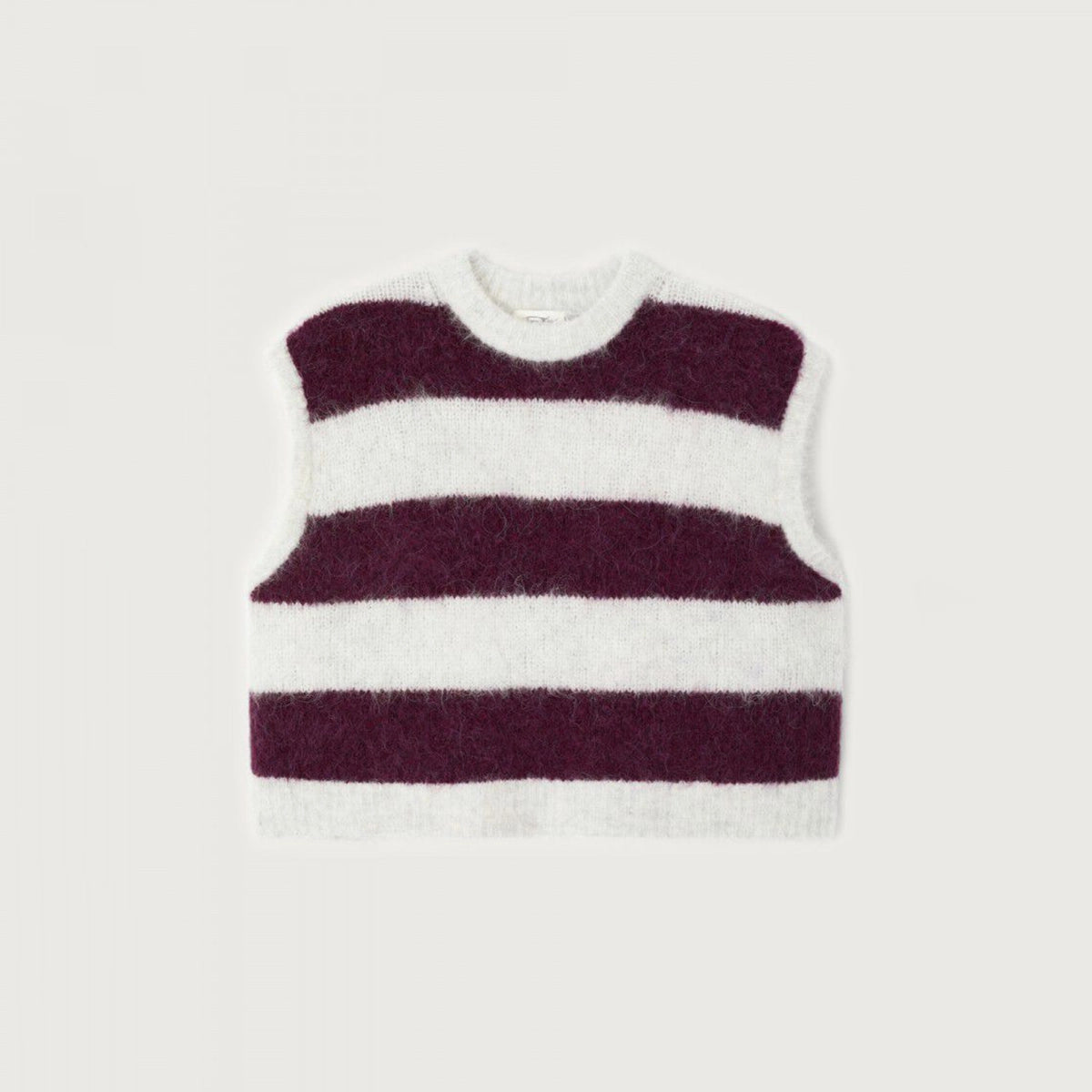 A sleeveless knit sweater vest with horizontal stripes in deep burgundy and off-white, displayed flat against a light gray background.