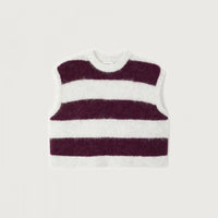 A sleeveless knit sweater vest with horizontal stripes in deep burgundy and off-white, displayed flat against a light gray background.