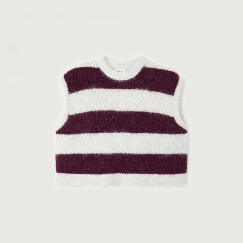 A sleeveless knit sweater vest with horizontal stripes in deep burgundy and off-white, displayed flat against a light gray background.