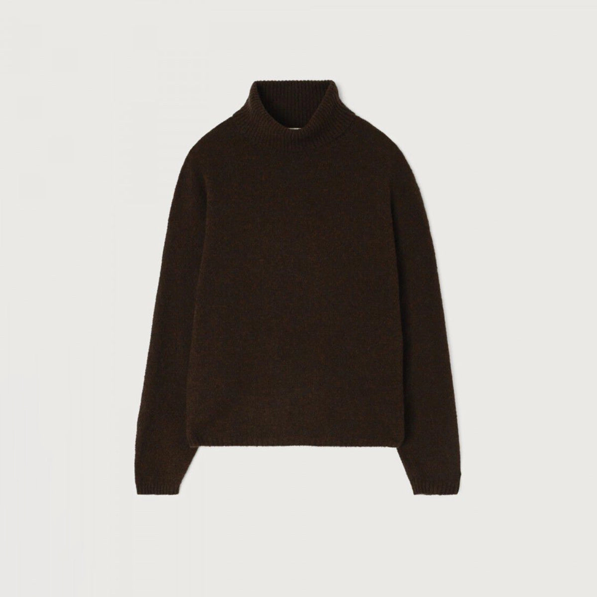 A dark brown knit mock neck sweater with long sleeves, displayed flat against a light gray background.