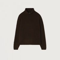A dark brown knit mock neck sweater with long sleeves, displayed flat against a light gray background.