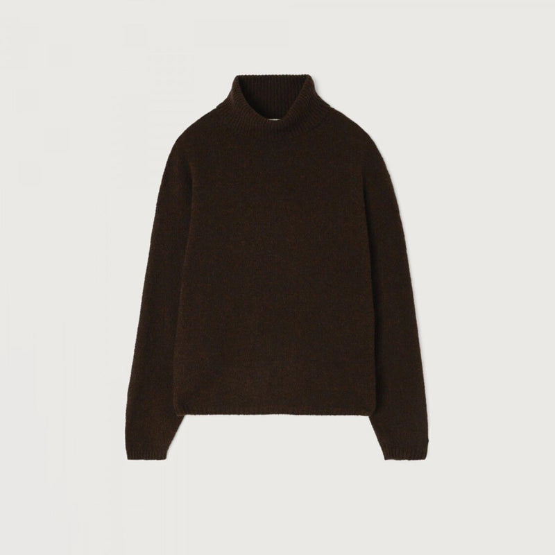 A dark brown knit mock neck sweater with long sleeves, displayed flat against a light gray background.