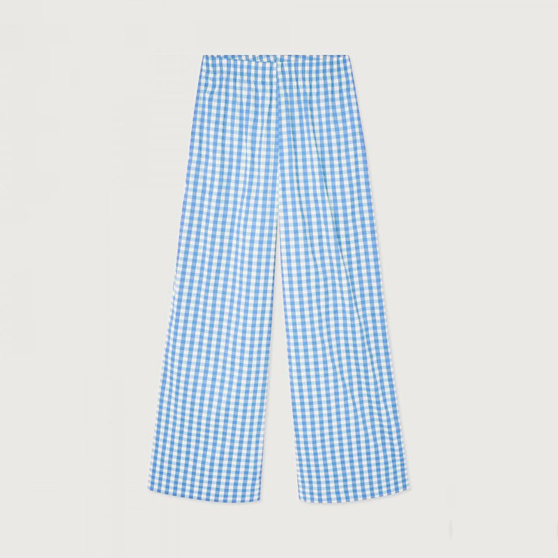 Blue and white gingham wide-leg trousers shown flat against a light beige background.