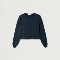 A dark navy blue long-sleeve crewneck sweater displayed flat against a light gray background.
